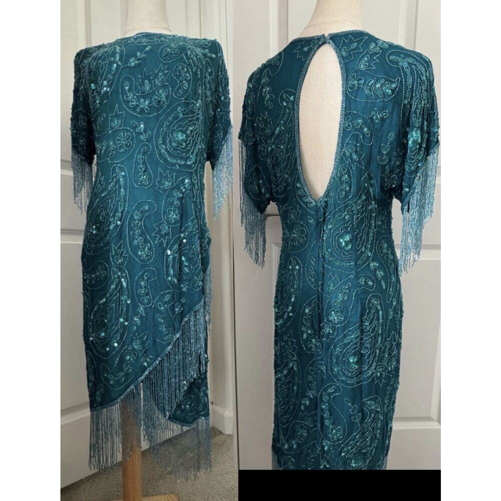 VTG Laurence Kazar XL Teal Silk Beaded Fringe Dress Art Deco Cocktail Party